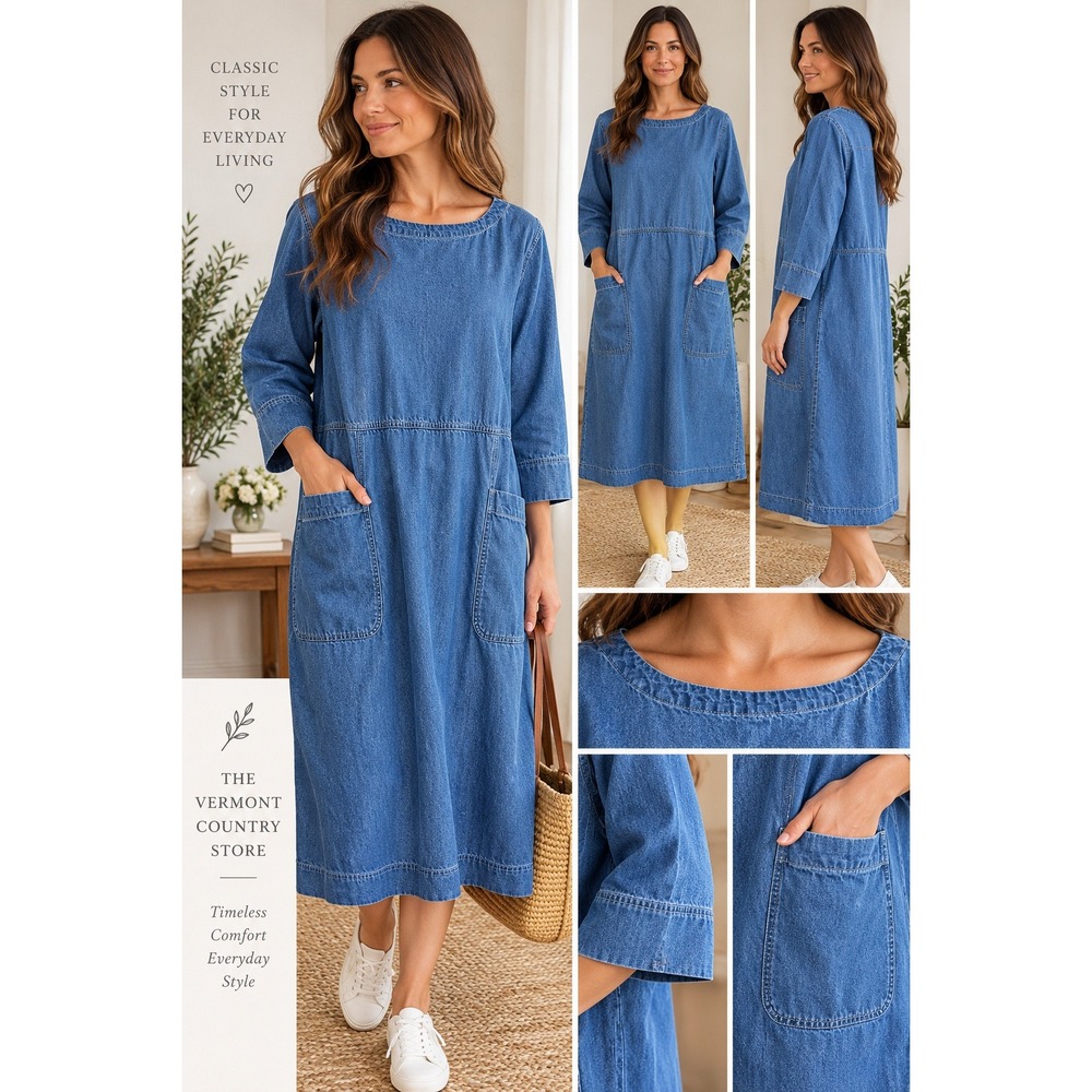 Vermont Country Store Denim Shift Dress Blue Cotton Lg Cottage Lagenlook Prairie